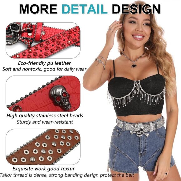 Rhinestone Skull Belt Men Women Skull Rhinestone Belt Studded Punk Y2k Belts Wes - Picture 4 of 7